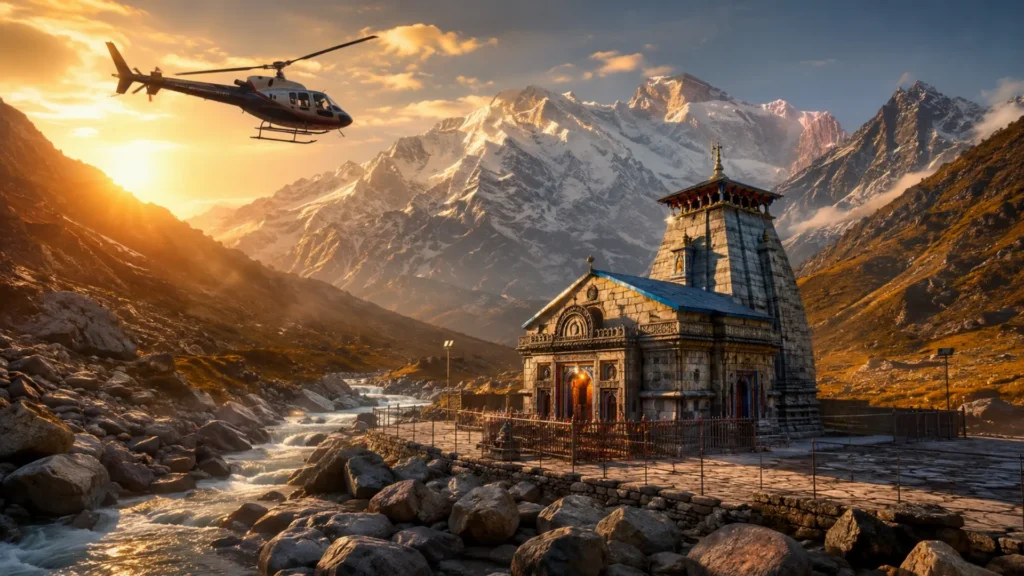 Kedarnath Temple with helicopter flying over the Himalayan mountains in Uttarakhand