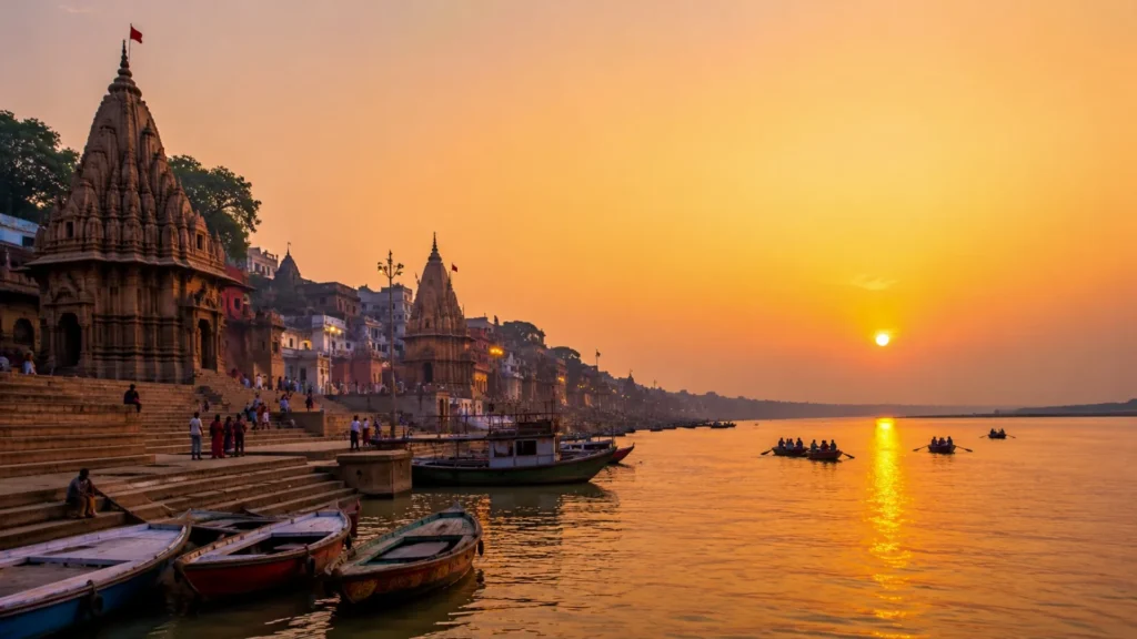 Scenic sunrise view of Varanasi Ganga Ghats with traditional boats on the River Ganges during a spiritual morning in Uttar Pradesh, India.